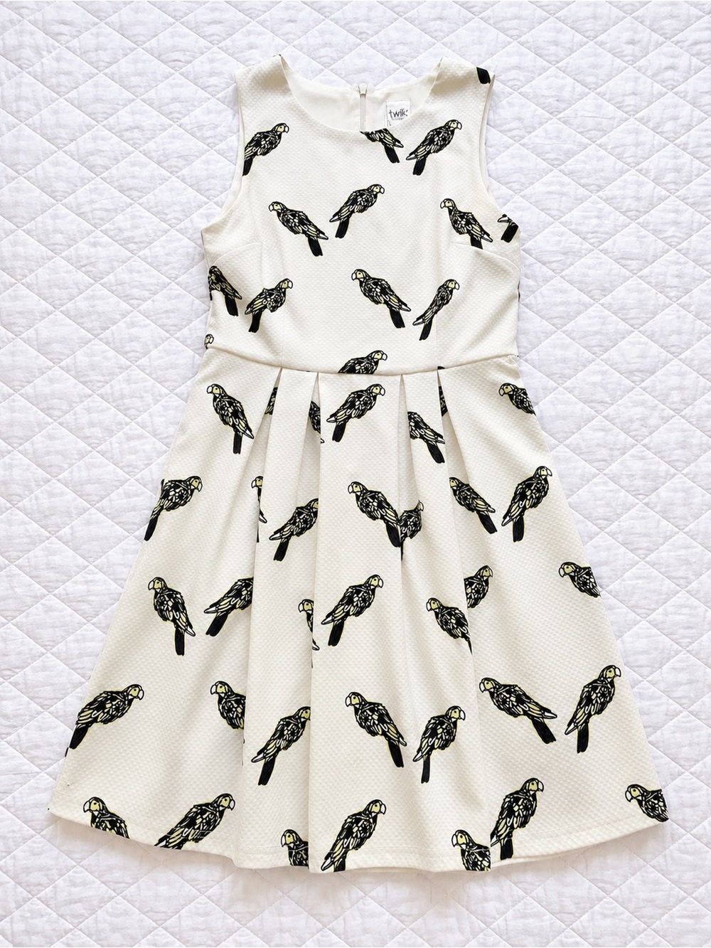 Twik by Simons Bird Print Fit & Flare Dress Medium White Textured Sleeveless